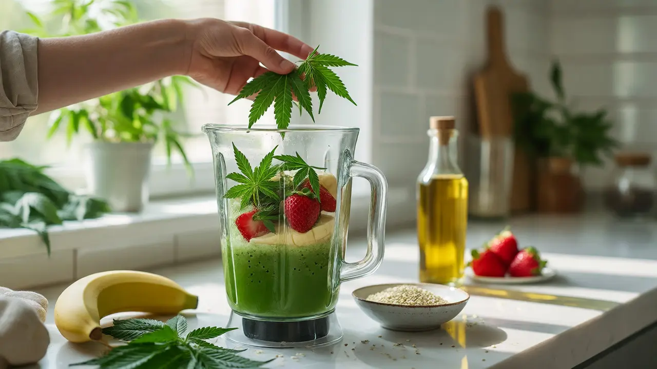 Příprava zeleného smoothie s čerstvými konopnými listy
