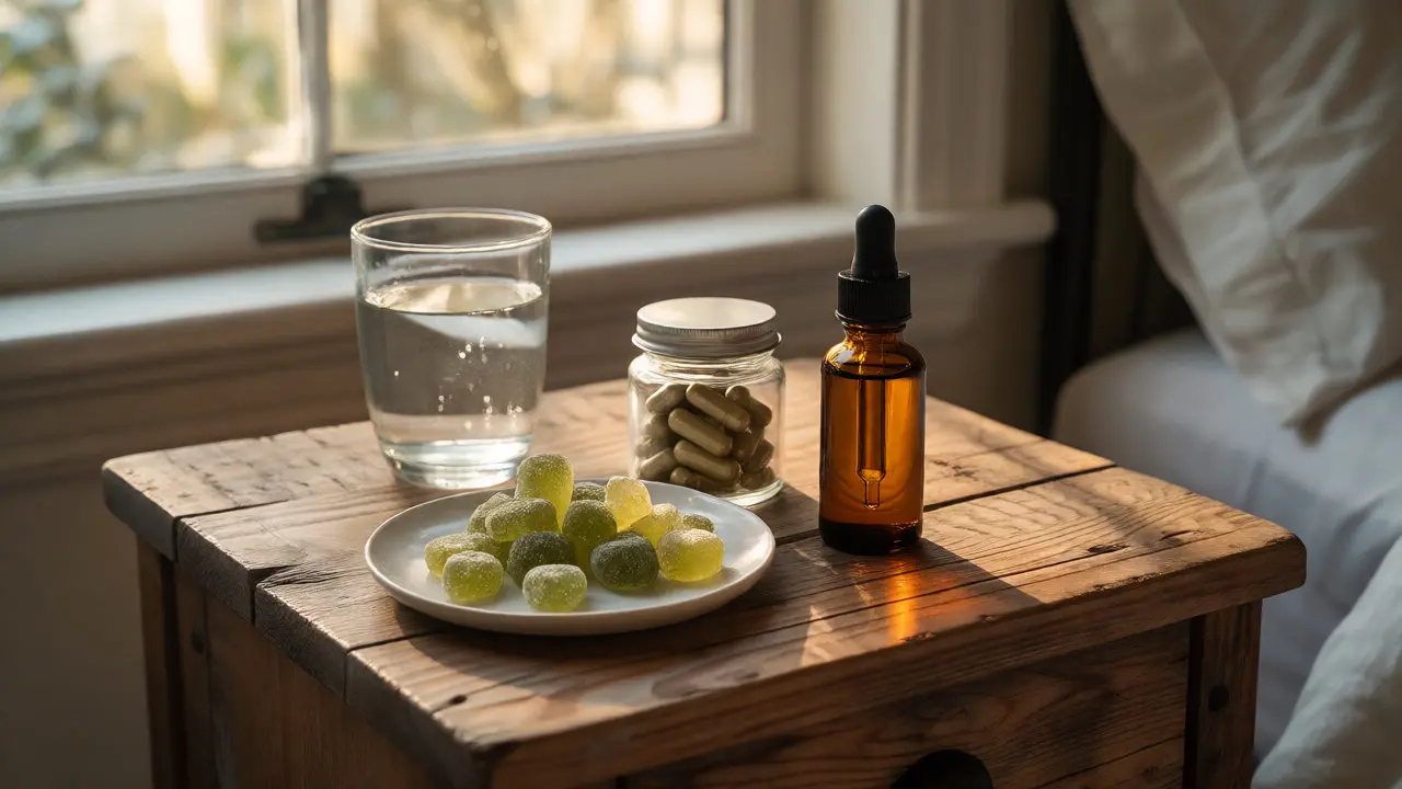 Různé formy CBD produktů na nočním stolku