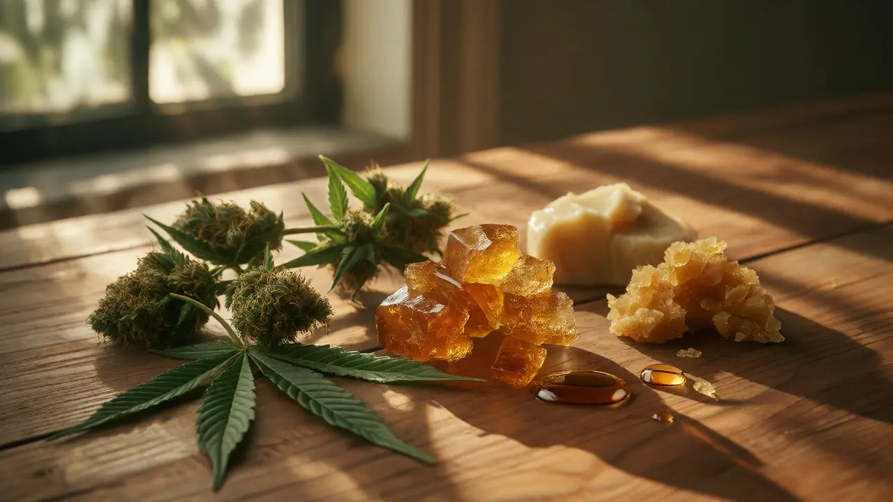 Srovnání různých textur CBD koncentrátů: shatter, budder a crumble vedle květů