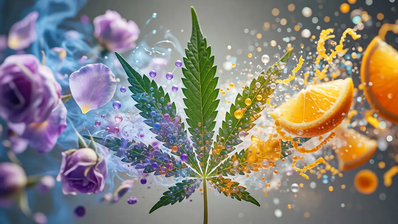 Abstraktní vizualizace terpenů jako barevných oblaků z levandule a citronu