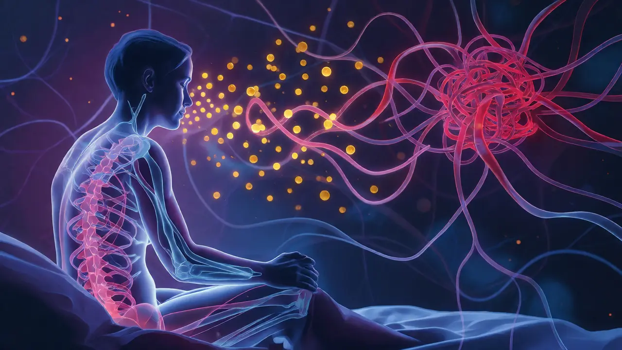 Ilustrace endokanabinoidního systému s uvolňujícími se uzly stresu