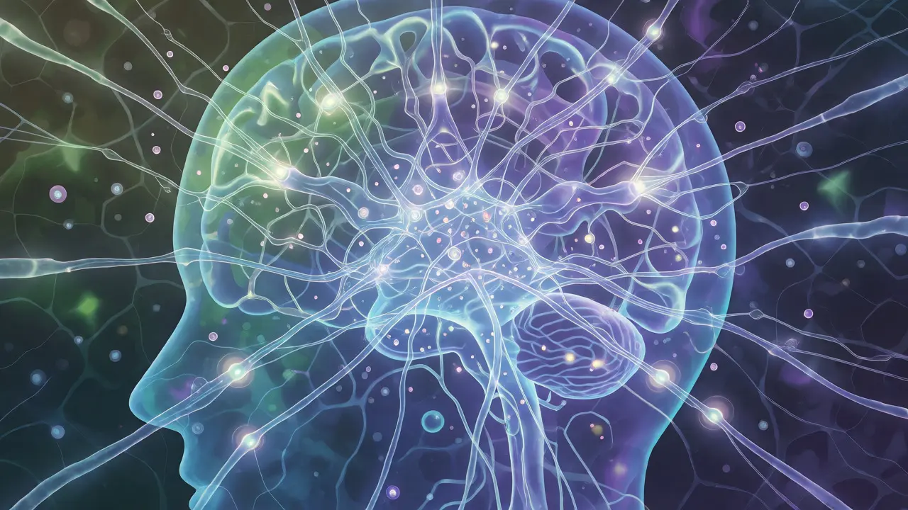 Ilustrace endokanabinoidního systému s zářícími neurony
