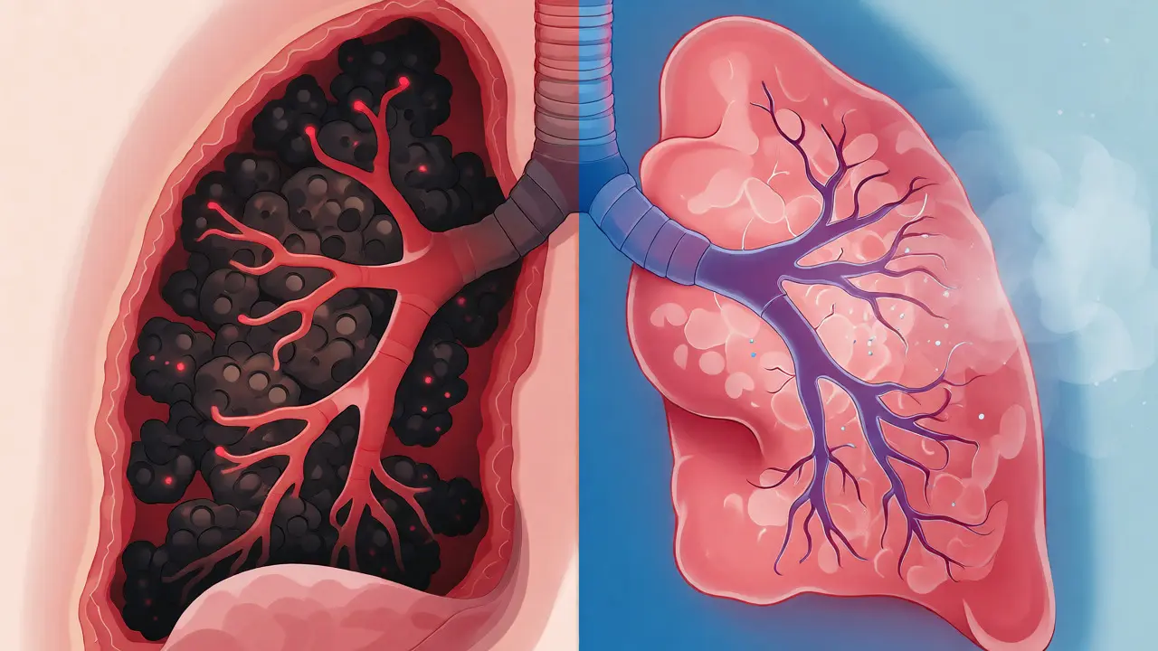 Ilustrace poškození plic dehtem z kouření versus mikrozáněty z vapingu
