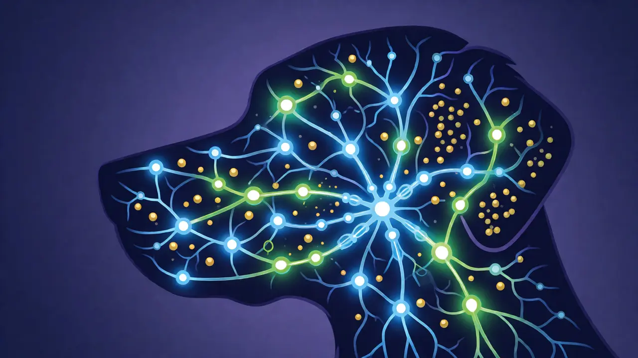 Konceptuální ilustrace endokanabinoidního systému psa s zářícími neurony a molekulami CBD.