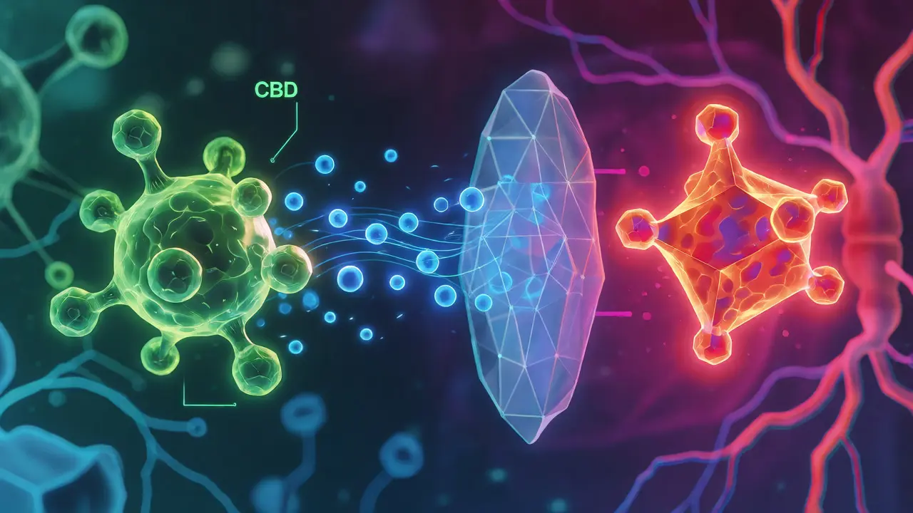 Konceptuální ilustrace přeměny molekuly CBD na stabilnější strukturu HHC pomocí hydrogenace v laboratoři.