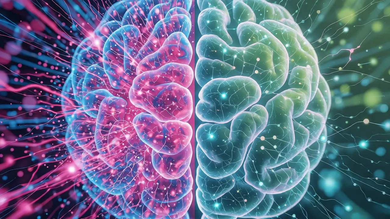 Konceptuální ilustrace rozdílu mezi psychoaktivním účinkem THC a uklidňujícím CBD v mozku.