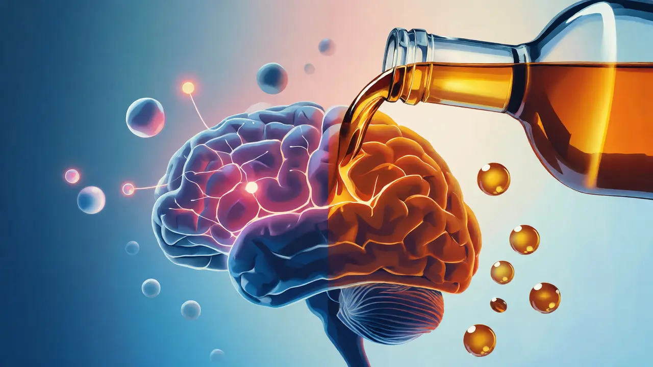 Konceptuální ilustrace ukazující, že alkohol má větší vliv na mozek než thujon.