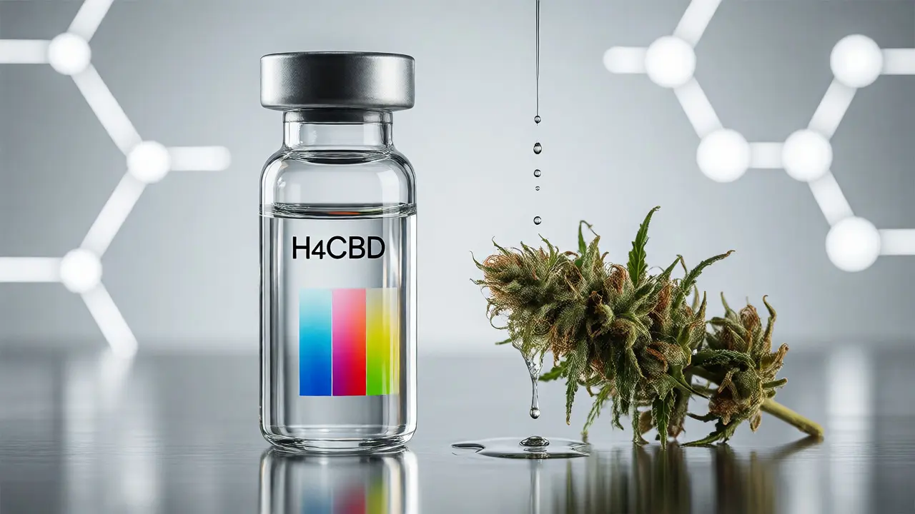 Laboratorní scéna s infuzí květu konopí do čiré tekutiny H4CBD