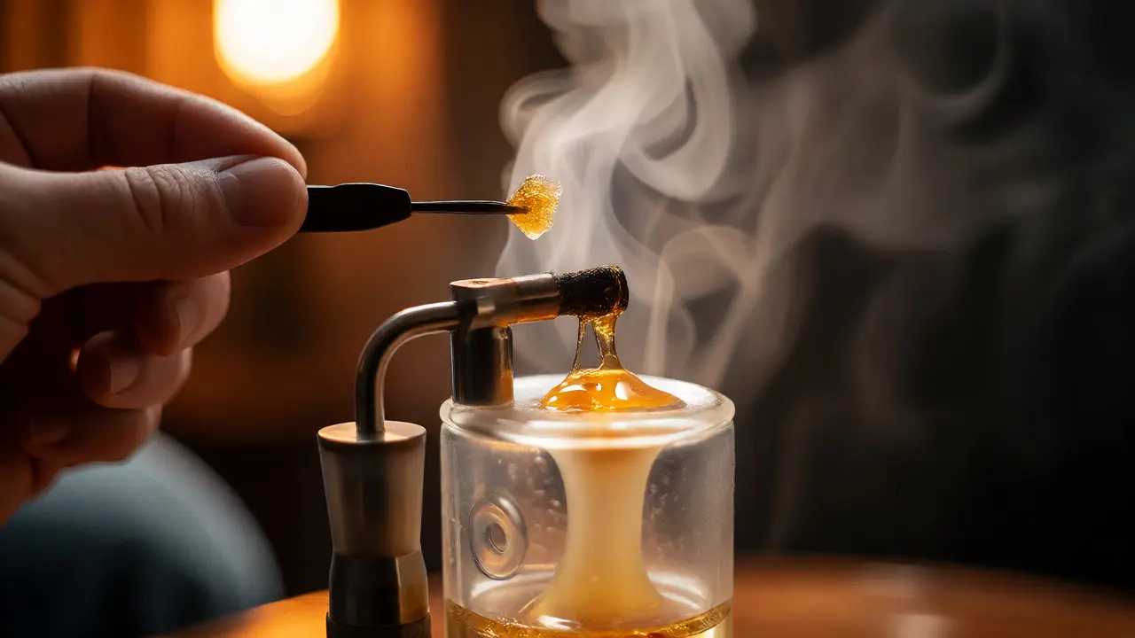 Osoba používá dab rig k vapování malého kousku taveného CBD shatteru