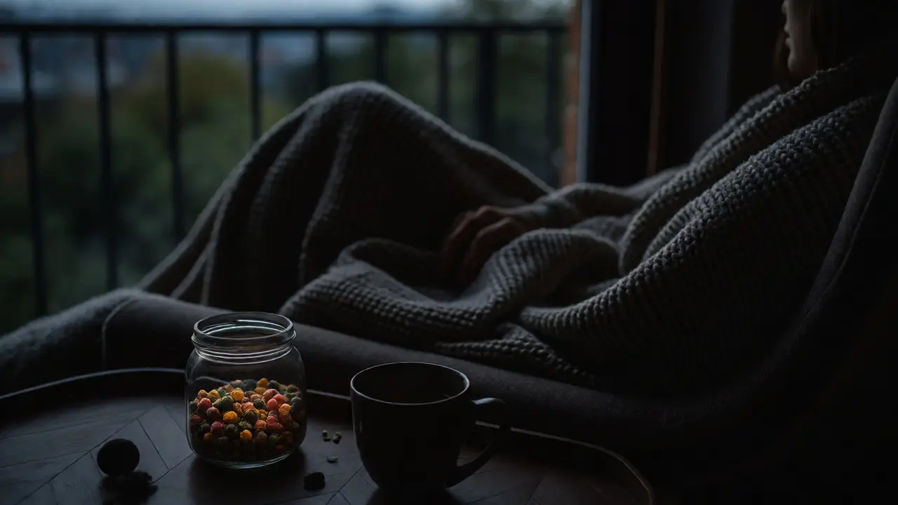 Osoba relaxující večer s konopnými bonbóny na stole