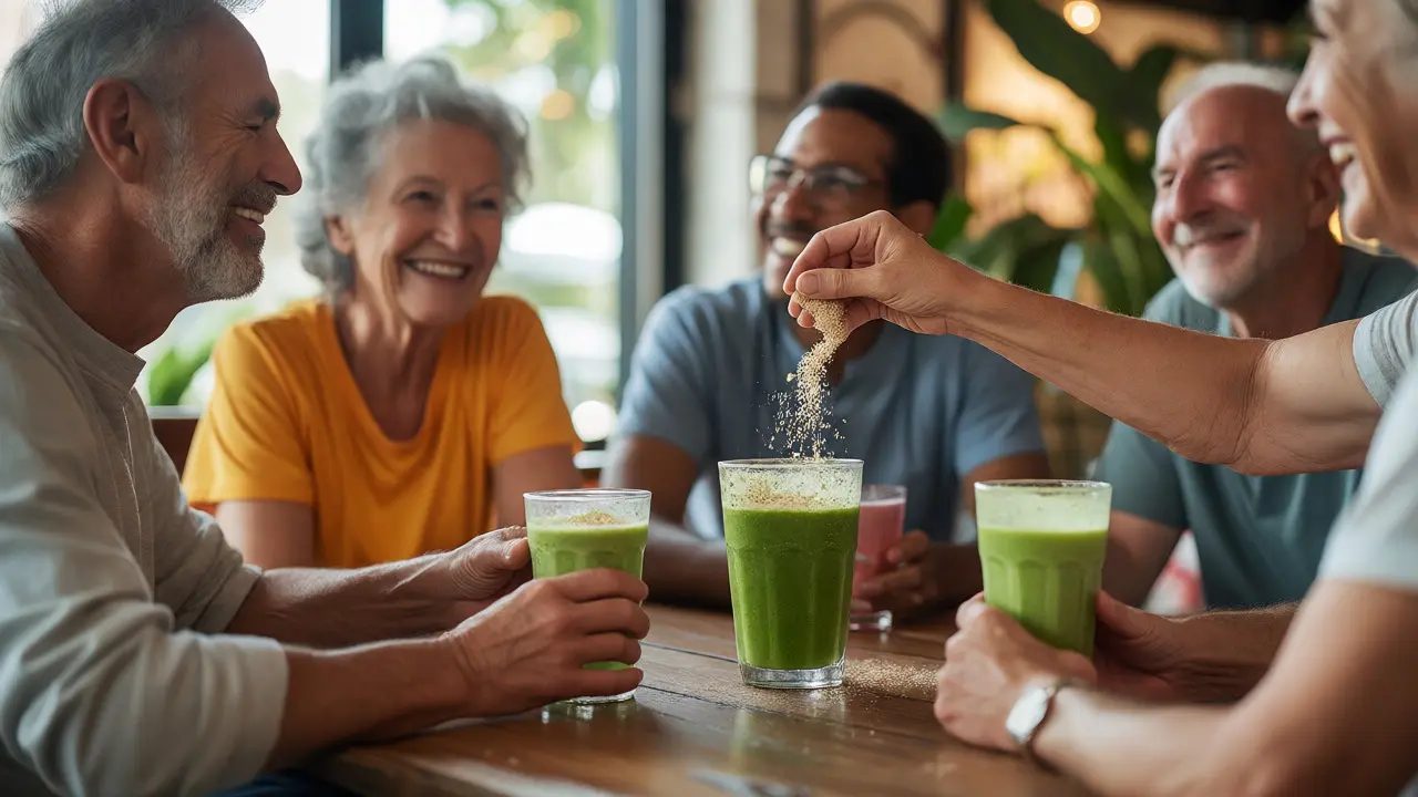 People drinking green smoothies with hemp protein in a bright cafe