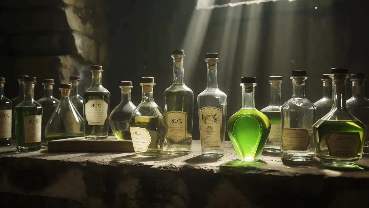 Sběratelské láhve silného absintu ve staré švýcarské palírně