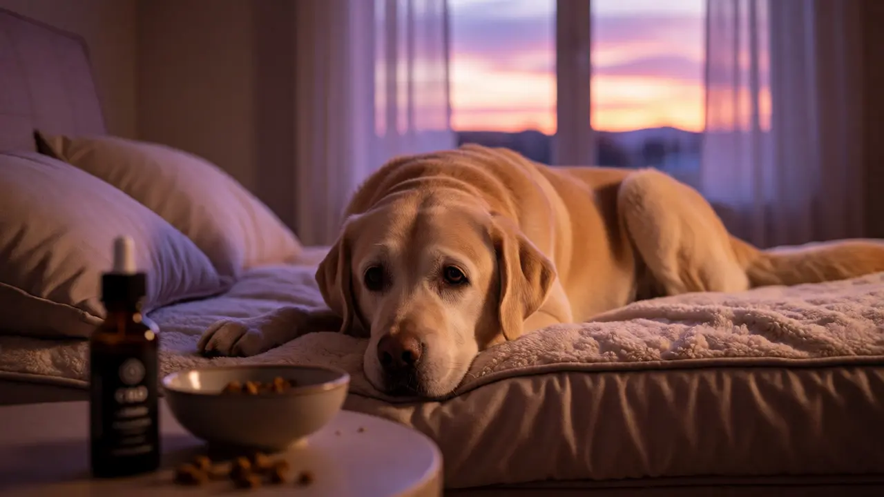 Starší labrador odpočívající u okna za soumraku s lahvičkou CBD oleje v popředí.
