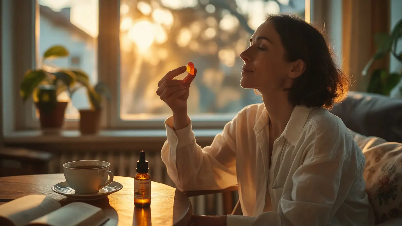 Uvolněná žena u okna drží CBD gumenku, kolem ní čaj a olej, klidná atmosféra