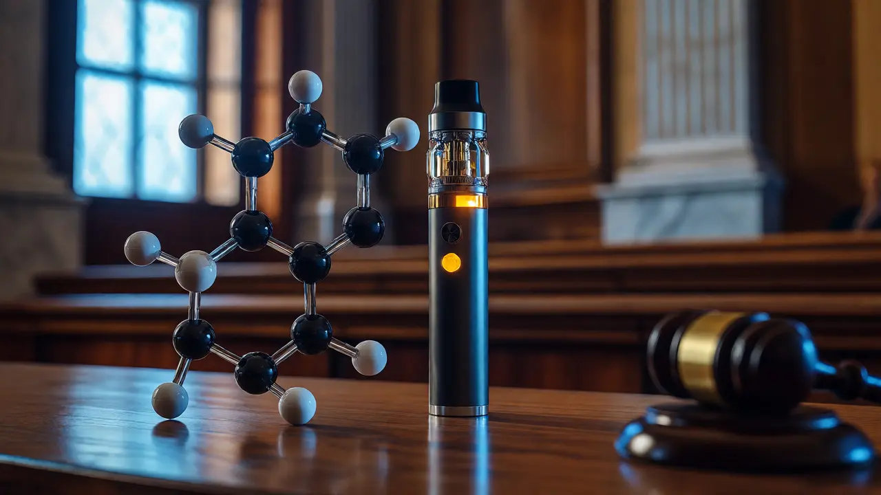 Vape pero a molekulární model před pozadím soudní síně