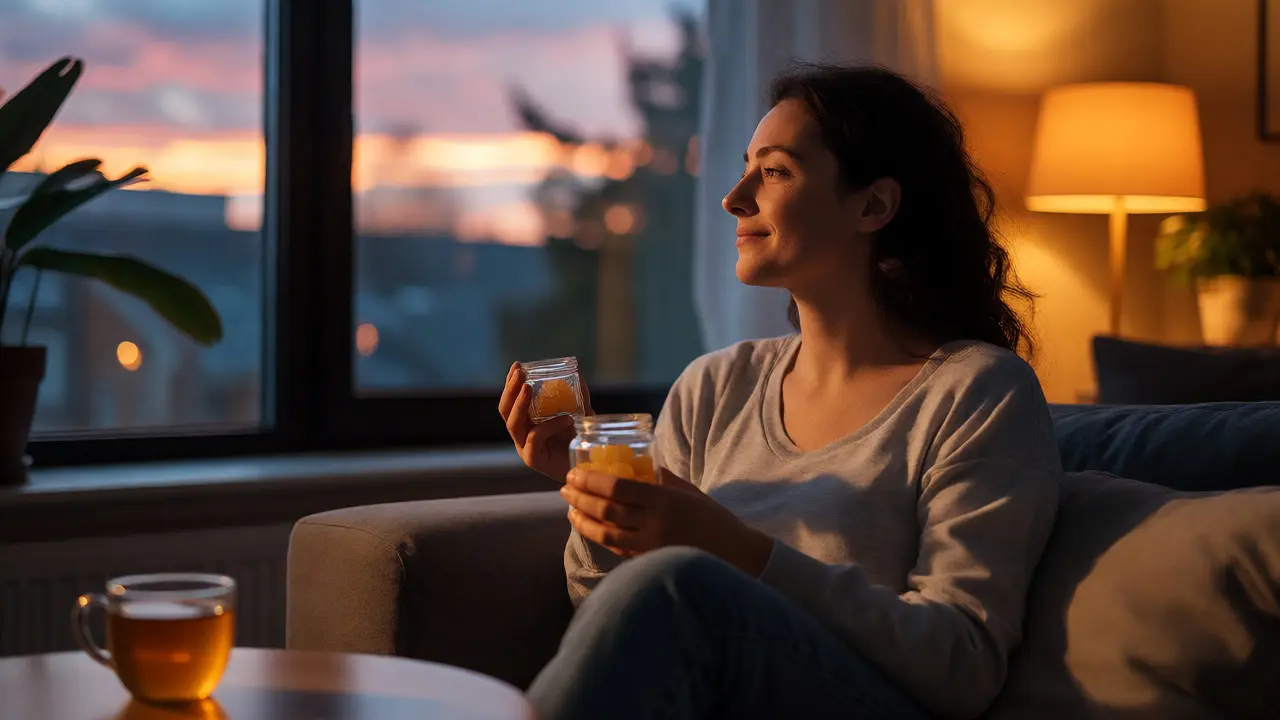 Žena v klidu večer doma po užití CBD gummies